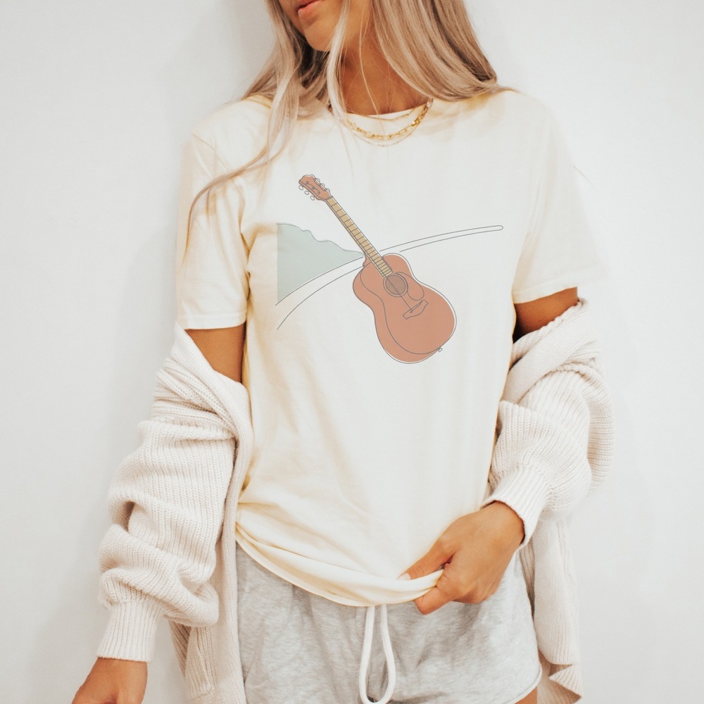 Boho Guitar Line Art Tee - Sage Green Music Lover Gift - Picture 3 of 5